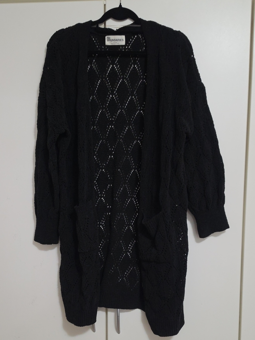 No Boundaries Black Open-Front Diamond Knit Cardigan